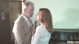 Mature man fucks hardcore a 19 yo red haired licks her twat and she takes facial