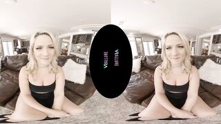 VRALLURE Nerdy blonde bounces her long butt on a sex toy into virtual reality