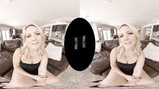 VRALLURE Nerdy blonde bounces her long butt on a sex toy into virtual reality