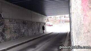 Yummy girls into tight jeans made it still into time to squat down and peeing off the road