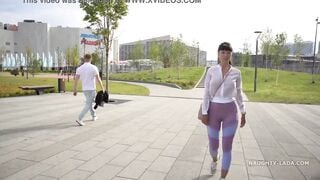 Transparent pants and sheer shirt inside outdoor