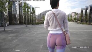 Transparent pants and sheer shirt inside outdoor