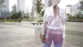 Transparent pants and sheer shirt inside outdoor