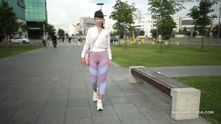 Transparent pants and sheer shirt inside outdoor