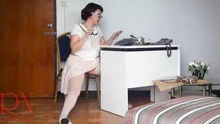 Nude secretary at office. Undressing employee. Webcam one