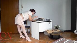 Nude secretary at office. Undressing employee. Webcam one