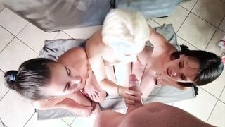 3 chick sharing penis by sucking off and jerking off penis as well as humiliating each other | point of view