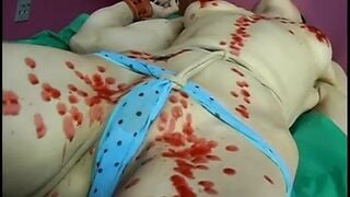 Red beauty wax poured over blindfolded sluts by domina