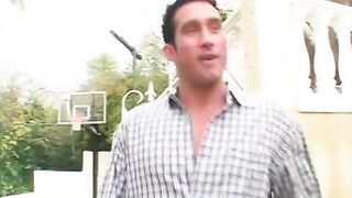 Hottie blonde with nice butt blows dick while second guy fucks