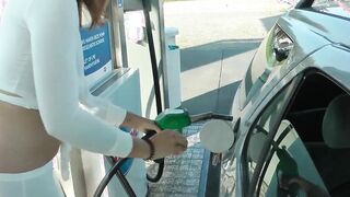 Refuel at the gas station into a mini skirt and no bra