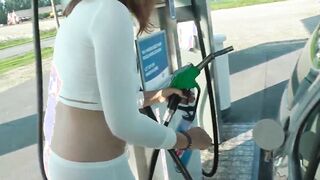 Refuel at the gas station into a mini skirt and no bra