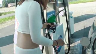 Refuel at the gas station into a mini skirt and no bra