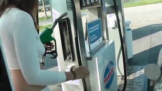 Refuel at the gas station into a mini skirt and no bra