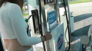Refuel at the gas station into a mini skirt and no bra