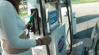 Refuel at the gas station into a mini skirt and no bra