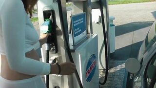 Refuel at the gas station into a mini skirt and no bra