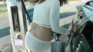 Refuel at the gas station into a mini skirt and no bra