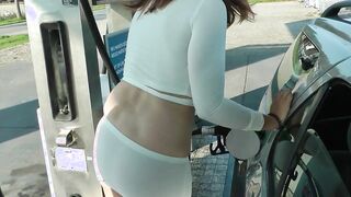 Refuel at the gas station into a mini skirt and no bra