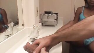 Bro sniffs her ebony foot and massage them on himself