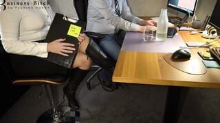 secretary humiliating her boss with hand, blow and bootjob until he pees into his jeans - business-bitch