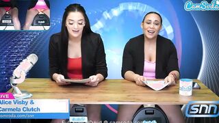 Camsoda - Dyke milf and 18 Year Old riding Sybian masturbate on air while reading the news