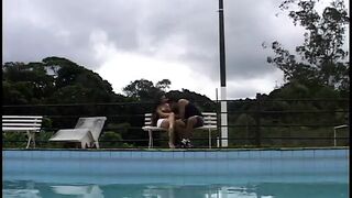 Beauty tanned hispanic whore takes 2 dicks outdoor