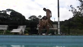 Beauty tanned hispanic whore takes 2 dicks outdoor