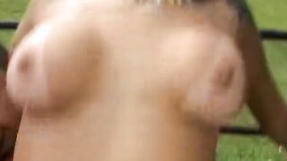 Beauty tanned hispanic whore takes 2 dicks outdoor