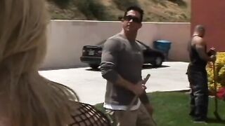 Sexually voracious blonde whore was gang-fucked on the yard