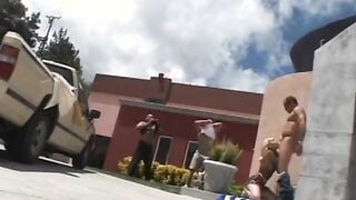 Sexually voracious blonde whore was gang-fucked on the yard