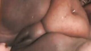 Huge ebony woman takes takes 3 cocks at the same time