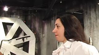 Juggy blond fem dominatrix female parent sticks clothespins on fat