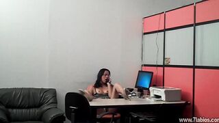 Secretary receives a call from her BF and warms up, masturbates, and even blows her boss's twat