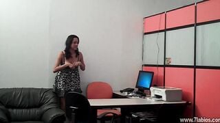 Secretary receives a call from her BF and warms up, masturbates, and even blows her boss's twat