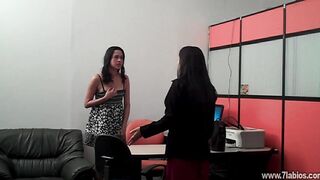 Secretary receives a call from her BF and warms up, masturbates, and even blows her boss's twat