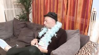 Blonde with huge jugs has anal sex on the sofa