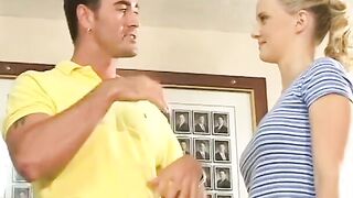 Cum chugging blond Hottie gets cock inside her tight twat and butt