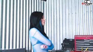 African haired slender bimbo with tiny hooters into a workshop