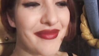Wild leather doms with Bombshell red lipstick pinch and suck mass