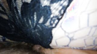 Cum on her ebony panty and fishnet pantyhose