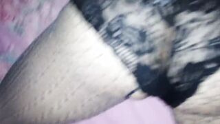 Cum on her ebony panty and fishnet pantyhose