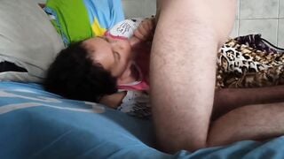Stepmom forcess her stepson in fours to milk him and lick his butt