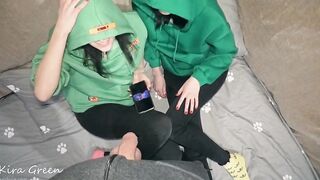 Girls inside hoodies blowing dick - bj, blowing nuts, doggy, creampie into mouth, blowing after cumming - 3some Amateur 19 Yo Kira Green (ShortVer)