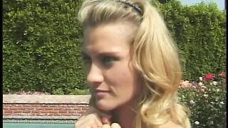 Blonde 18 year old inside cheerleader uniform gets banged! by the pool