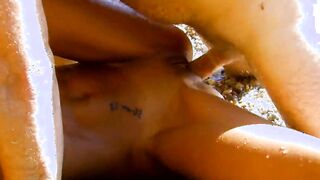 Blonde with long nipples gets finger bang and riding cock on beach