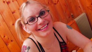Blond into pantyhose nailed inside kitchen takes cucumber toy