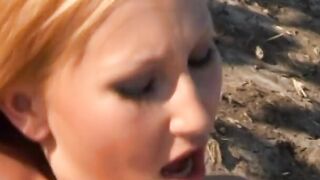 Lesbo duo eat cunt and plowed using toys outdoor
