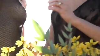 Incredible blonde and dark haired banged! with sex toys outside
