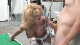 View fake titty MILF got on the floor and suck his dick
