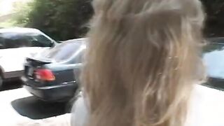 Blond cougar neatly bald pussy is banged! on a lawn chair